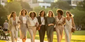 Groupe de femmes diverses et souriantes marchant avec confiance dans un parc urbain, symbolisant l'épanouissement personnel et le succès authentique en 2026.