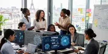 Femmes professionnelles discutant des enjeux de l'intelligence artificielle dans un bureau moderne en France.