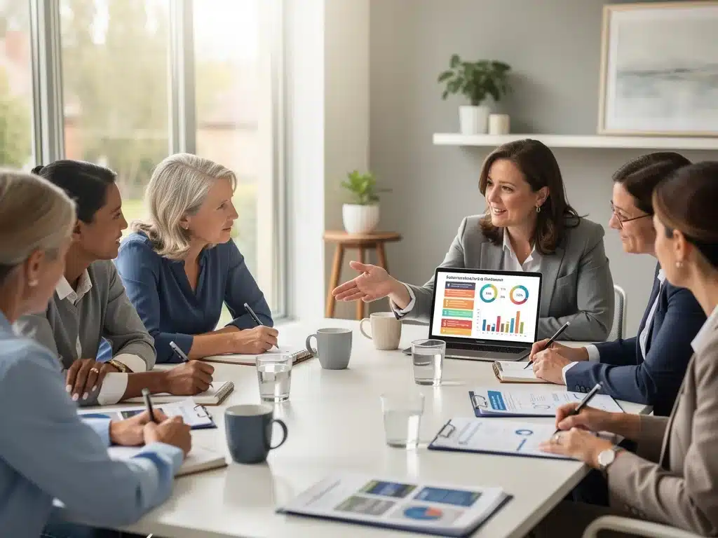 Groupe de femmes discutant des options de planification financière et de santé.