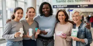 Groupe de femmes diverses souriantes tenant des protections menstruelles, symbolisant la dignité et l'accès universel en France.