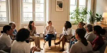 Accès aux Soins de Santé Mentale pour Femmes en France : Réformes 2026 Groupe diversifié de femmes participant à une séance de soutien ou de thérapie, symbolisant l'amélioration de l'accès aux soins de santé mentale en France en 2026.