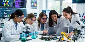 Femmes STEM France 2026 : Programmes Gouvernementaux et Vocations Féminines Jeunes femmes engagées dans des activités scientifiques et technologiques, symbolisant les vocations féminines dans les STEM en France.