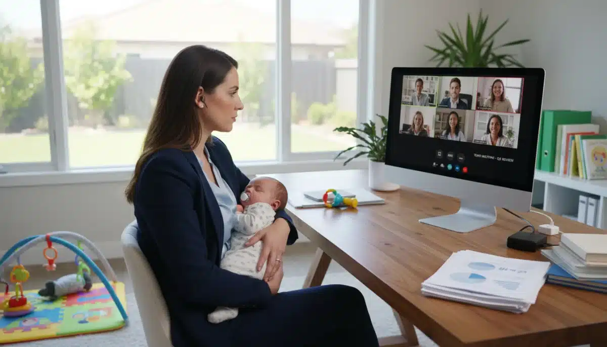 Working mother balancing professional duties with infant care at home.