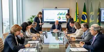 Membros da Força-Tarefa Presidencial sobre Igualdade de Gênero em reunião, analisando o relatório de 2026 com foco em estratégias e dados.