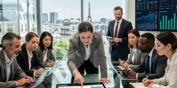 Groupe de femmes discutant de la gestion de portefeuille d'investissements en France en 2026, avec des graphiques financiers en arrière-plan.