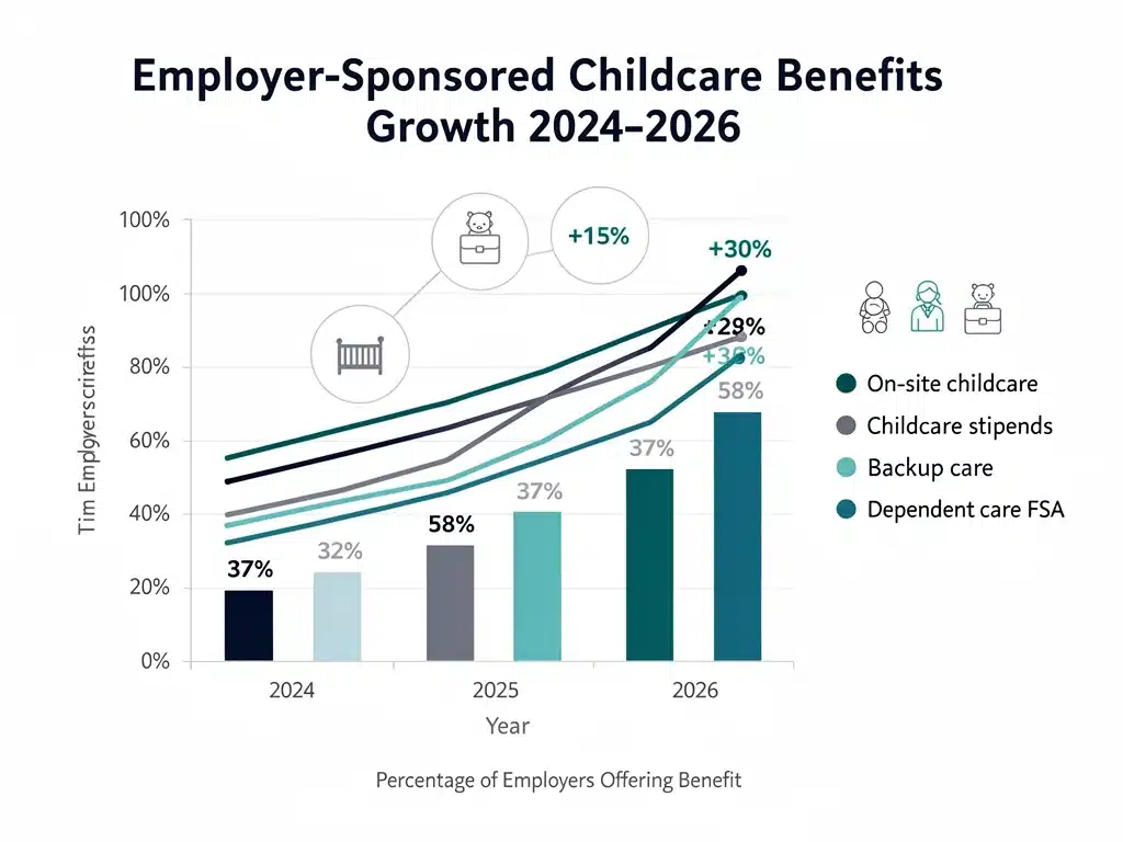 Gráfico mostrando o aumento e a diversidade dos benefícios de creche patrocinados por empregadores entre 2024 e 2026.