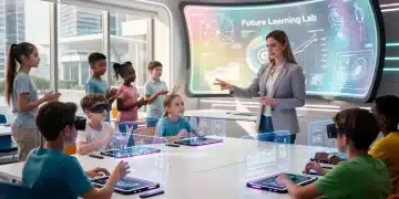 IA na educação 2026: 3 ferramentas e otimização do aprendizado Alunos em uma sala de aula futurista utilizando ferramentas de inteligência artificial para otimizar o aprendizado em 2026.