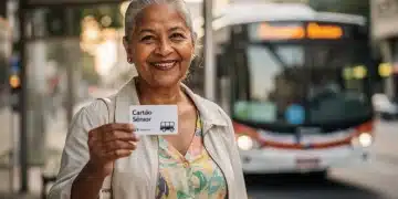 Idosa sorrindo com cartão de transporte, simbolizando benefícios e economia para idosos em 2026.
