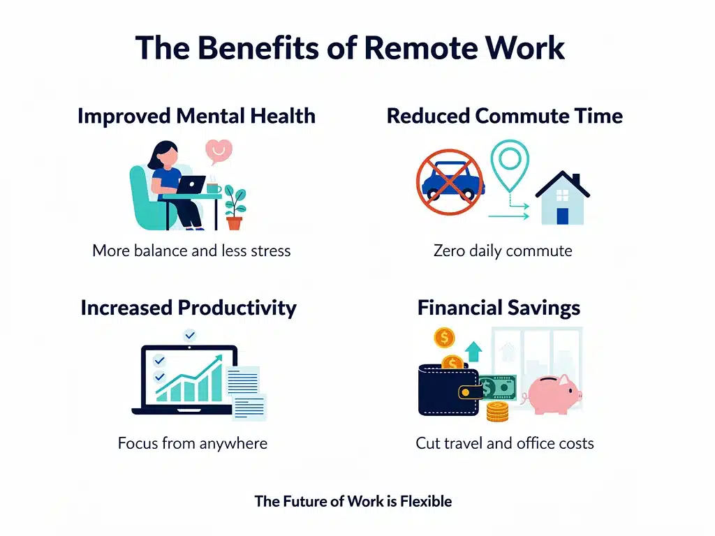 Infographie des avantages du télétravail, soulignant la productivité et le bien-être des employés en 2026.