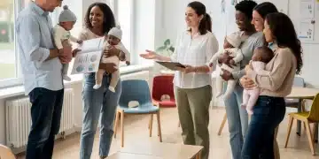 Jeunes parents discutant des nouvelles mesures du congé parental 2026 en France, entourés de leurs bébés dans un environnement chaleureux et soutenant.