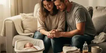 Jeunes parents épuisés mais aimants avec leur bébé, symbolisant le besoin de soutien psychologique.