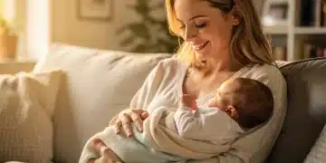 Mãe carinhosa segurando seu bebê recém-nascido em um ambiente acolhedor, simbolizando a importância da licença-maternidade estendida.