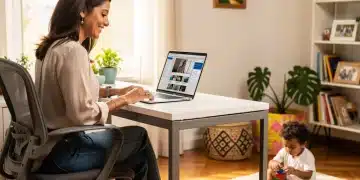 EAD 2026: Mães e Qualificação Profissional no Brasil Mãe brasileira sorrindo, estudando online em seu laptop em casa, com o filho pequeno brincando por perto, simbolizando a harmonização entre educação e maternidade.