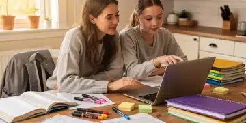Mãe e filha adolescentes estudando juntas sobre o novo currículo do Ensino Médio de 2026
