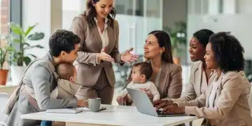 Grupo de mães trabalhadoras discutindo em um escritório moderno, simbolizando o impacto da licença parental.