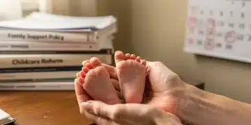 Mãos de mãe segurando os pés de um bebê, com documentos governamentais e um calendário de 2026 ao fundo, simbolizando as novas políticas de subsídios para creches.