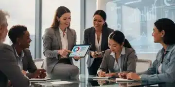 Mentora e mentorada em sessão de mentoria educacional para mulheres, em um ambiente moderno e colaborativo.