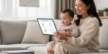 Une jeune mère souriante tenant son bébé, consultant les options de garde d'enfants et les aides financières pour 2026 sur une tablette, dans un salon lumineux en France.