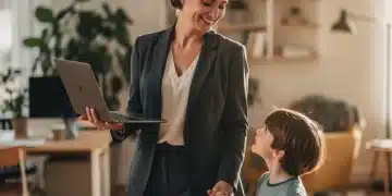 Conciliation vie pro/perso pour mères en 2026 : stratégies efficaces Mère souriante jonglant entre travail et famille, symbolisant une conciliation vie pro perso réussie en 2026.