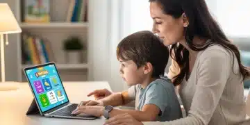 Soutien scolaire et parentalité : 6 outils numériques pour enfants de 6 à 12 ans Mère et enfant utilisant un outil numérique de soutien scolaire avec un sourire, symbolisant l'apprentissage et le lien parental.