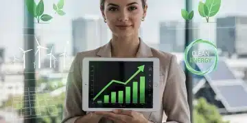 Mulher analisando gráficos de investimentos sustentáveis ESG com foco em retornos e impacto positivo.