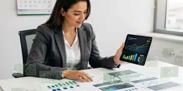 Mulher analisando gráficos financeiros e tablet com dados de investimento, simbolizando o impacto da Selic 9,25% em 2026 na renda fixa.