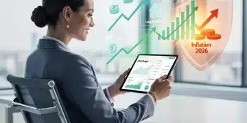 Mulher analisando gráficos financeiros em tablet, símbolo de proteção contra a inflação em 2026.
