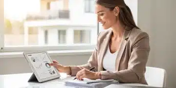 Mulher analisando documentos de financiamento imobiliário com uma casa ao fundo, simbolizando a conquista da casa própria.