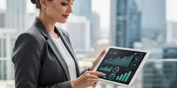 Mulher analisando gráficos de fundos imobiliários em 2026 para rentabilidade e dividendos.