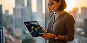 Mulher analisando gráficos financeiros em um tablet, com foco e determinação, representando o planejamento estratégico em meio à volatilidade do dólar.