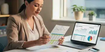 Imposto de Renda 2026: Novas regras e como evitar a malha fina Mulher analisando documentos financeiros e um laptop com gráficos de investimentos para o Imposto de Renda 2026.