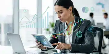 Mulher analisando gráficos financeiros em um tablet, buscando alternativas de investimento mais rentáveis para suas economias.