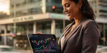 Mercado de Ações Brasileiro 2026: 3 setores com alto potencial Mulher analisando gráficos de mercado de ações em um tablet, com a skyline de São Paulo ao fundo.