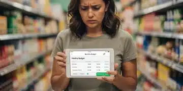 Mulher brasileira revisando orçamento com expressão preocupada diante da inflação.