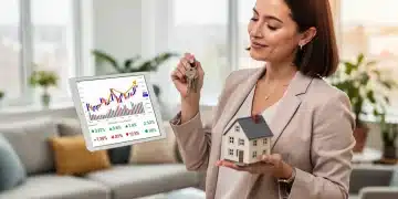 Mulher sorrindo, segurando chaves de casa e uma maquete, olhando para um tablet com gráficos financeiros, simbolizando o uso do FGTS para a casa própria em 2026.