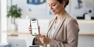 Mulher consultando o Abono Salarial PIS/PASEP 2026 em seu celular, com um sorriso de satisfação.