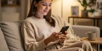 Mulher consultando benefícios do governo em smartphone, em casa, com expressão tranquila e focada.
