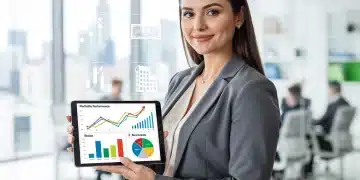 Mulher analisando gráficos financeiros em tablet, com ícones de diversificação de investimentos ao fundo, representando segurança e estratégia em 2026.