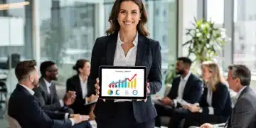 Mulheres Empreendedoras: Benefícios Fiscais 2026 para Economizar Impostos Mulher empreendedora sorrindo, analisando dados financeiros em tablet, com colegas de trabalho ao fundo.