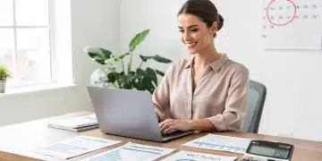 Mulher empreendedora sorrindo ao lado de um laptop e documentos financeiros, representando os benefícios e a economia para MEIs em 2026.