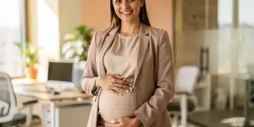 Licença Maternidade 2026: Novas Regras no Brasil e Seus Impactos Mulher grávida sorrindo em ambiente de trabalho, simbolizando as novas leis de licença maternidade no Brasil em 2026.