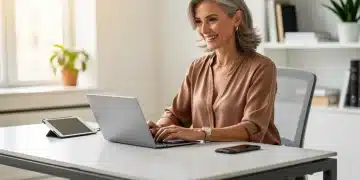 Mulher madura e feliz usando notebook, simbolizando o empoderamento pela alfabetização digital.