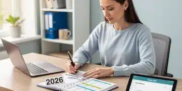 Novas datas de pagamento de benefícios sociais 2026: Guia Completo Mulher organizando o calendário de pagamentos de benefícios sociais para o ano de 2026, com foco em planejamento financeiro.