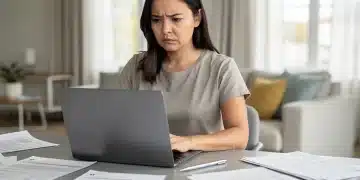 Mulher concentrada pesquisando sobre o Seguro-Desemprego 2026 em seu notebook