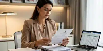 Mulher organizando documentos financeiros para planejamento sucessório em 2026, com fotos de família ao fundo, simbolizando segurança e proteção patrimonial.