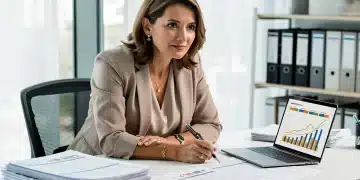 Mulher focada analisando documentos sobre planejamento de aposentadoria e reforma da previdência.
