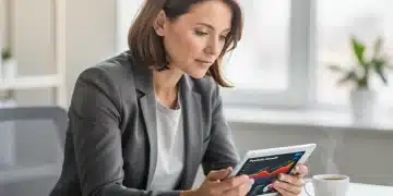Mulher planejando sua aposentadoria com previdência privada, analisando gráficos financeiros em um tablet em um ambiente de escritório moderno e iluminado.