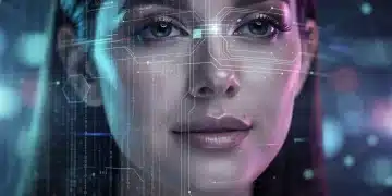 Mulher com rosto envolto em dados digitais, simbolizando proteção de privacidade pela LGPD.