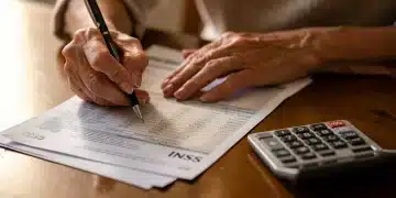 Mulher revisando documentos do INSS com calculadora e caneta em uma mesa, focada em detalhes financeiros.