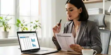 Mulher focada revisando suas finanças em um escritório doméstico com um checklist.